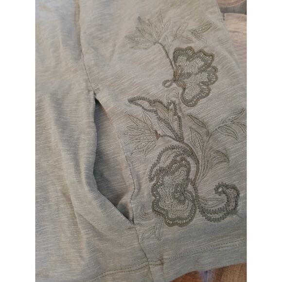 Weekends by Chicos olive green embroidered hoodie full zip 3/4 sleeve floral 8 - Picture 8 of 11